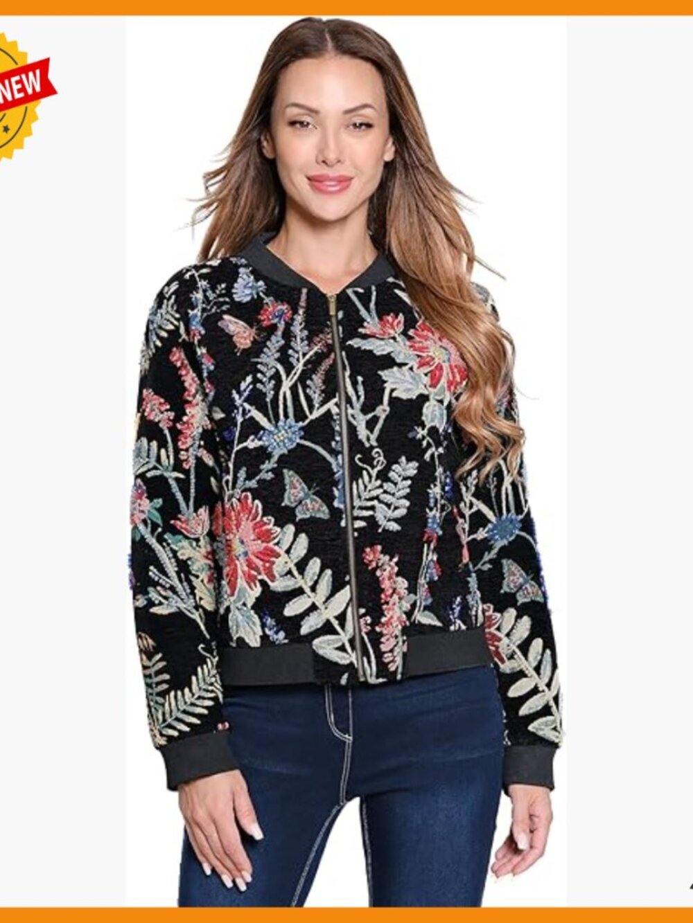 Long Sleeve Tapestry Zip Front Jacket with Beaded Details, Polyester